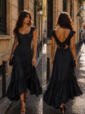 JASON WU Black Linen Midi Dress Open Back Bow Ruffle Hem Size ___ NWOT